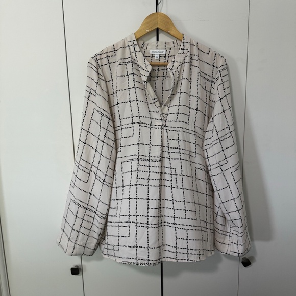 PROLOGUE XXL Long Sleeve V-Neck Blouse Grid Print Office Career - Picture 1 of 5